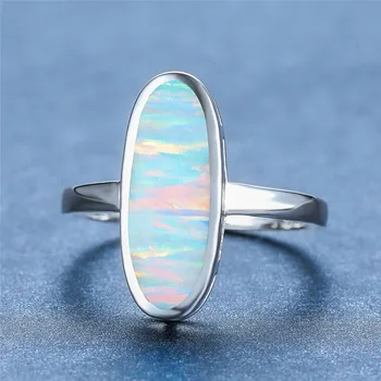 

Boho Female Small Oval Stone Ring Silver Color Blue White Fire Opal Wedding Ring Promise Love Engagement Rings For Women