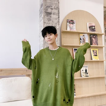 

2019 Autumn New Korean Version Of The Original Personality Loose Hole Harajuku Long-sleeved Casual Pullover Sweater