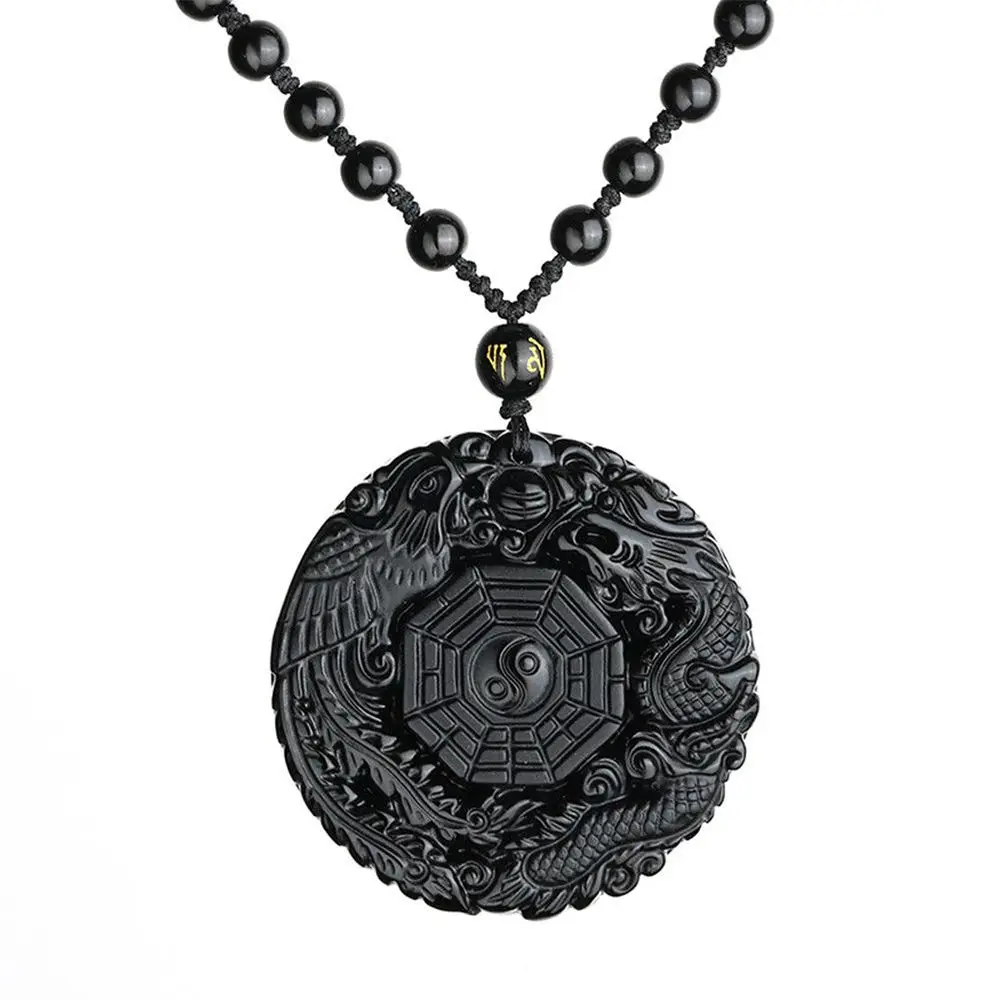Vintage Natural Black Obsidian Hand Carved Chinese Taiji BaGua Lucky Amulet Pendant Necklace For Women Men Fashion Jewelry | Украшения и