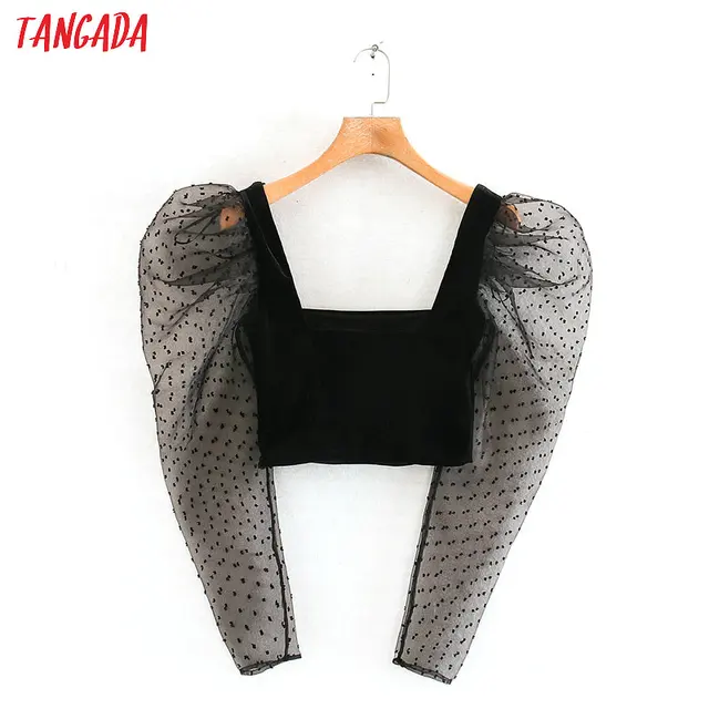 US $12.52 Tangada women stretchy velvet black crop blouse fashion mesh patchwork transparent long sleeve shir