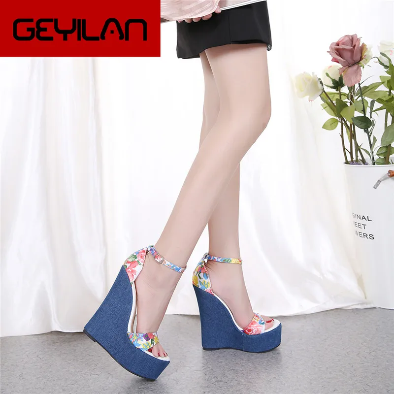 

2019 Women Summer 16cm Super High Heels Comfortable Floral Sandals Fashion Leisure Open-Toe Dress Runway Wedges Shoes