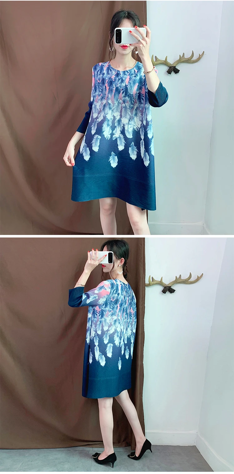 Плиссированное Платье, пожалуйста, Miyake, новые осенние свободные платья трапециевидной формы с принтом, платья длиной до колена с рукавом три четверти, вечерние платья макси с круглым вырезом
