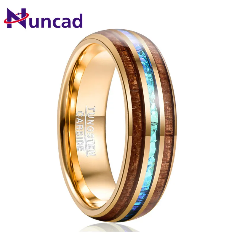

Nuncad Hawaiian Koa Wood Ring 6MM Engagement Men Gift Electroplated Gold Inlaid Acacia Imitation Opal Dome Tungsten Carbide Ring
