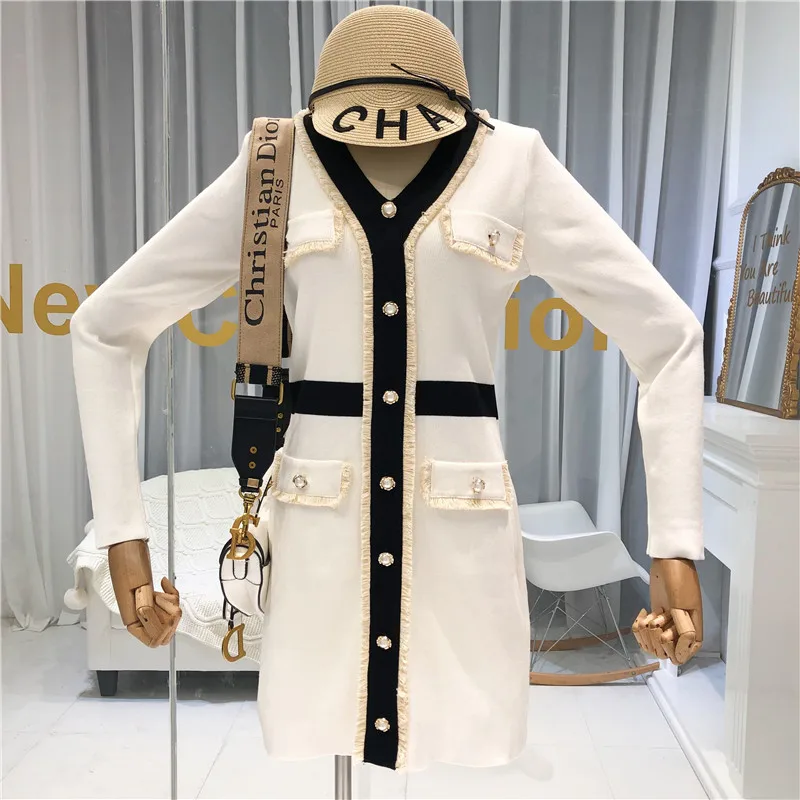 ALPHALMODA осень новое французское вязаное платье с v-образным вырезом и длинным рукавом женское приталенное модное платье с искусственным карманом