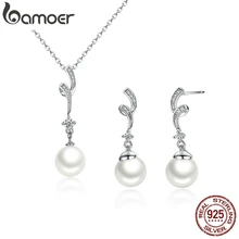 BAMOER Популярные Элегантные 925 пробы серебристый белый жемчуг набор украшений для женщин кулон ожерелье и серьги SCN048+ SCE035
