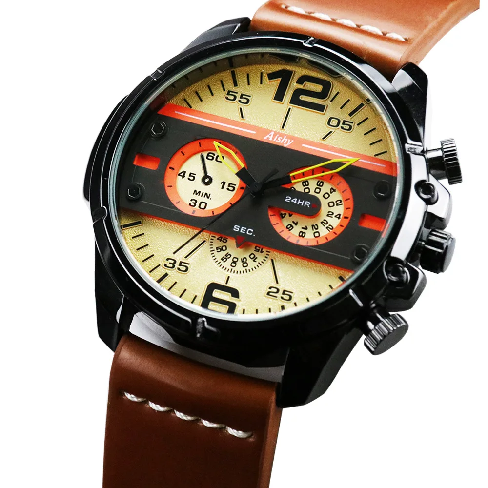 

Men's Watch Aishy Big Dial Sports Watches Leather Belt Men's Cool Waterproof Quartz Watch Factory Direct Sales Black Clock