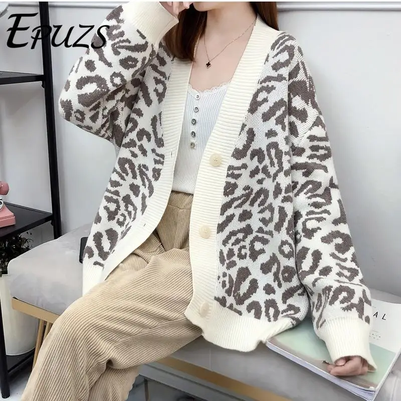 women Leopard Cardigan casual button Long Sleeve Knitted sweater women casual womens sweaters 2019 winter leopard sweater
