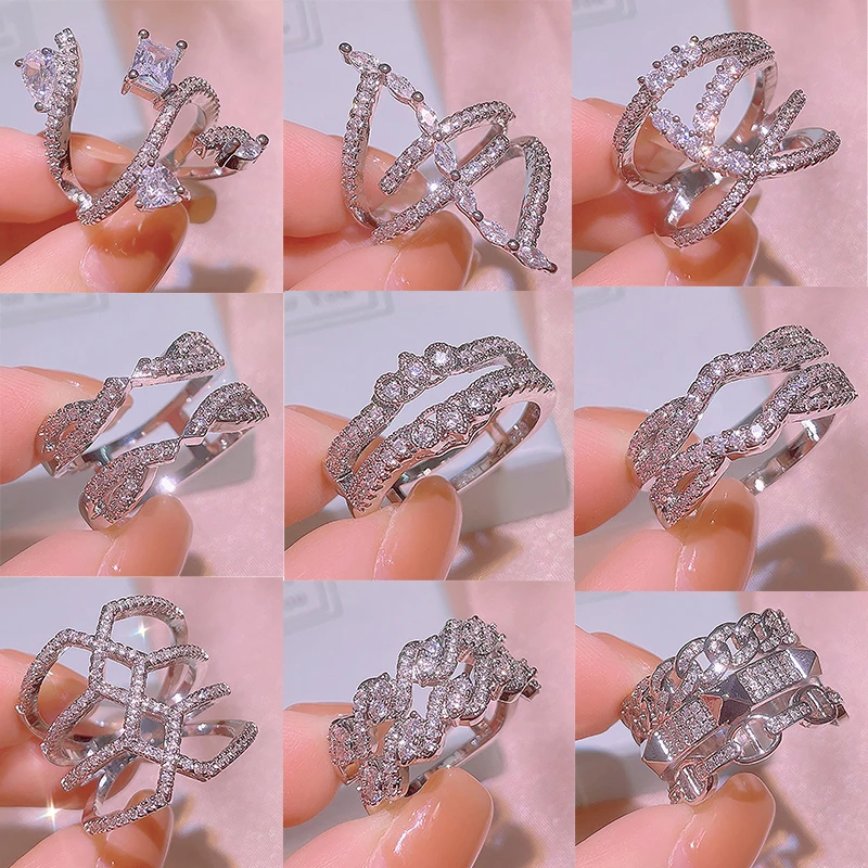 

2021 NEW Trend 9 Syle Cross Diamonds S925 Silver Ring Woman Real Zircon Engagement Party Christmas Gifts Jewelry Wholesale