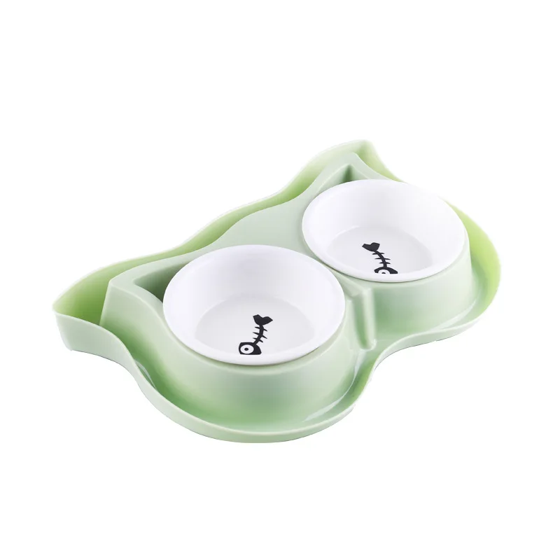 Green Ceramics Set Керамическая кошка, миска для домашних животных пластиковая рамка Противоскользящий шейный защита еда вода собаки кошки миски, товары для животных - Цвет: Green Ceramics Set