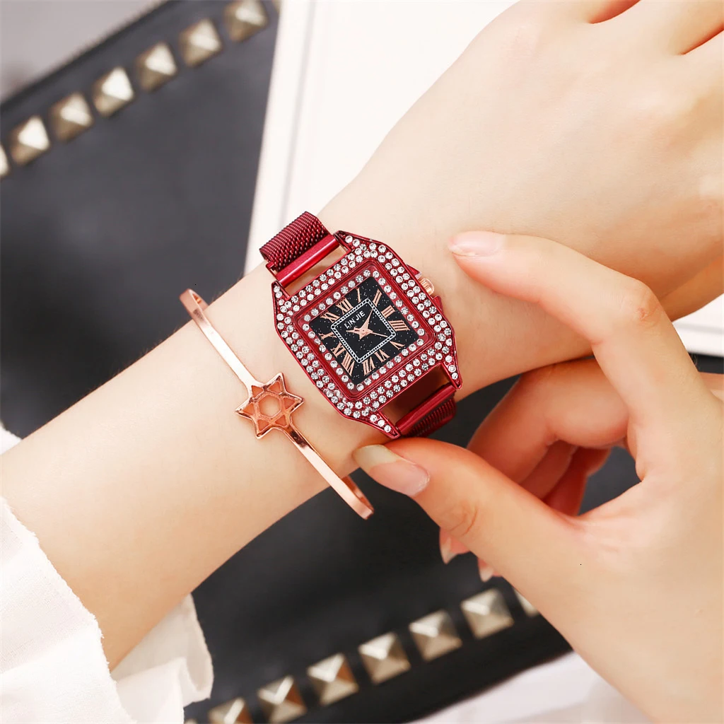 Women Magnet Buckle Square Case Shape Diamond Watch Luxury Ladies Stainless Steel Belt Quartz Watches Gift Clock