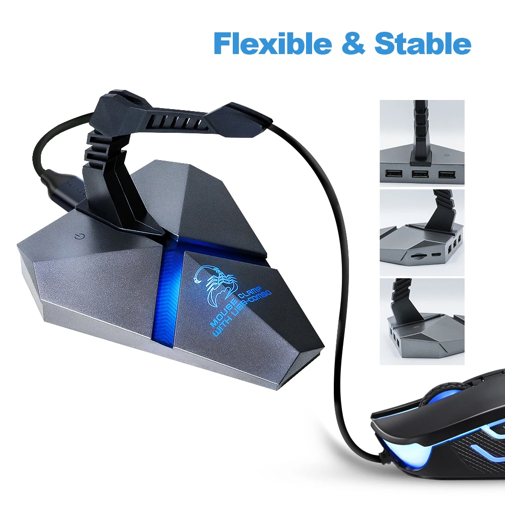 3-Port USB 2.0 Data Gaming HUB Mouse USB Hub Splitter TF Card Reader Mouse Clamp with USB-COMBO Built-in Colorful Backlight
