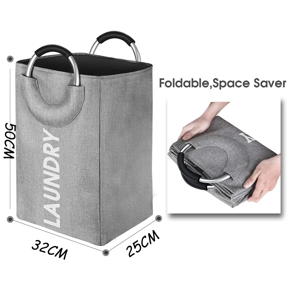 Collapsible Fabric Laundry Hamper with Ring Aluminum Handle for Easy Carry Portable Washing Bin Folding Clothes Bag 3