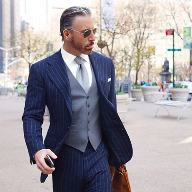 2021 Costume Homme Blue Stripe 3 Piece 