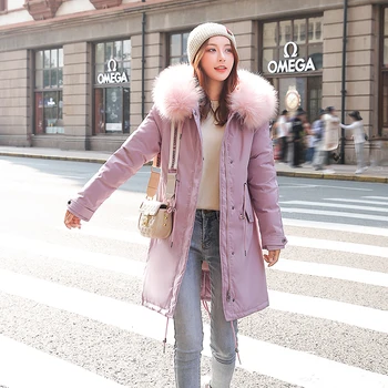 

2019Winetr new Women Down Jacket Midi Pattern Slim With Hooded Plush Inner With Big Fur Collar Female Down Cotton Outwear Coat