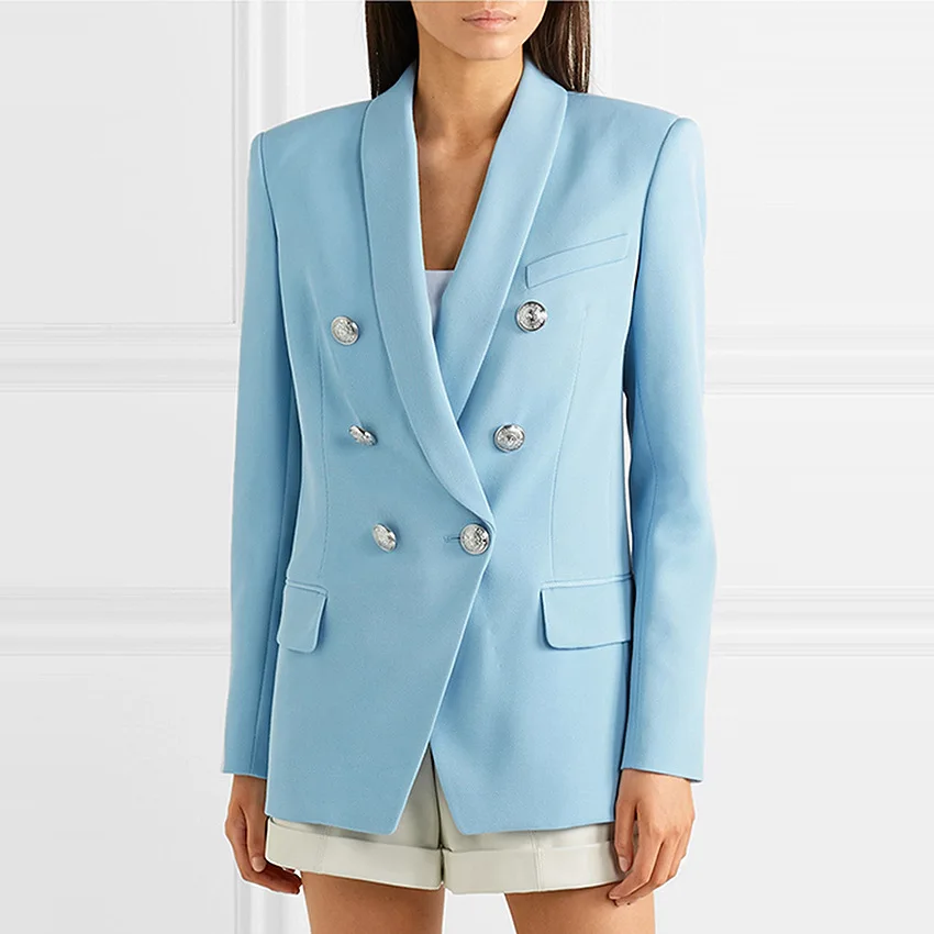 

2019 New Style Wear Female Suit Classic Lion Head Button Double Breasted Shawl Lapel Mid-length Suit
