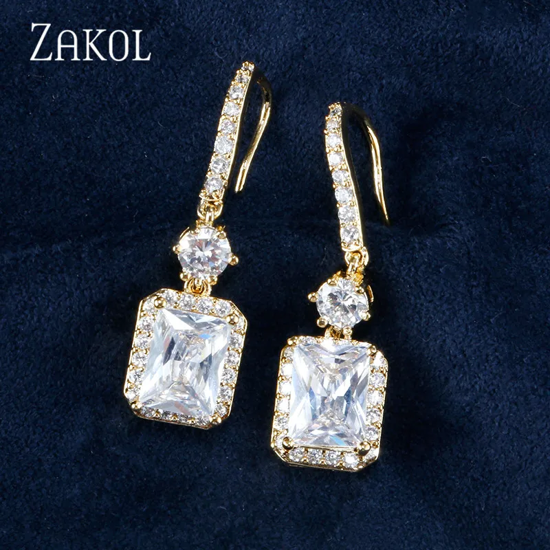 Gold Color ZAKOL, модные цирконы, высокое качество, кубический циркон, Висячие Крючки, серьги, большой квадратный камень, ювелирные изделия для свадебного подарка, аксессуары FSEP2047 - Окраска металла: Gold Color