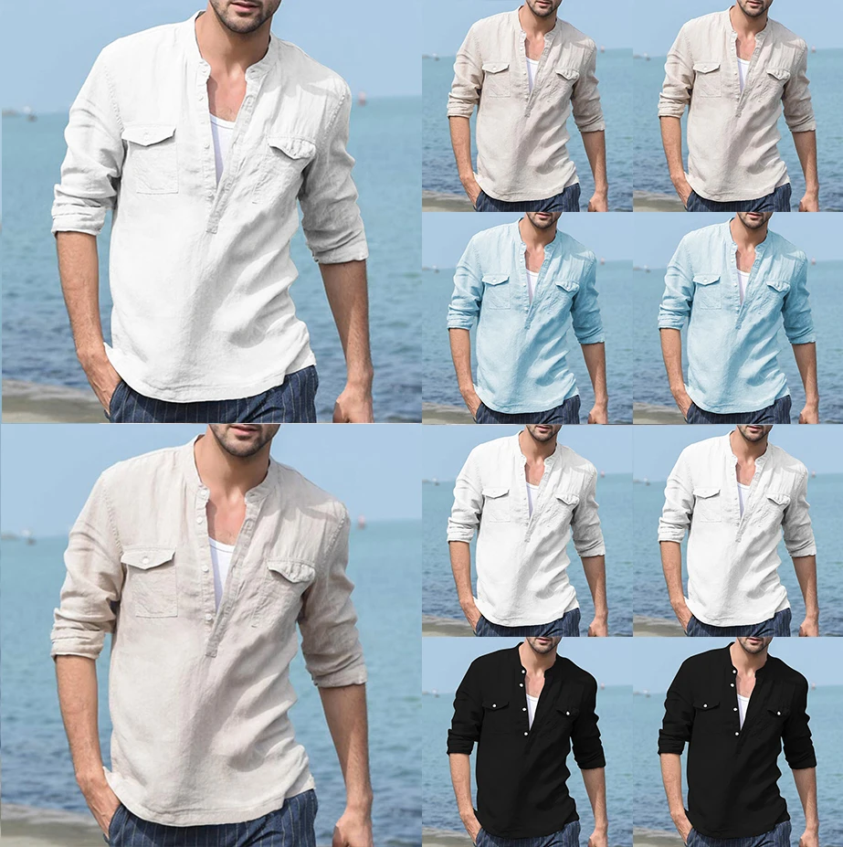 Men Clothes 2019 Button Cotton Linen Long Sleeve Shirts Casual Holiday Street Slim Fit Tops Four Color Mens Sexy V Neck Shirts