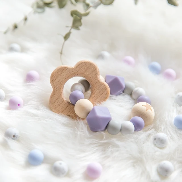 1PC  Silicone Beads Teether  Wooden Beads  Bracelet Nursing Teething Toys BPA Free Beech Wooden Star Bracelet DIY Baby Teether 6