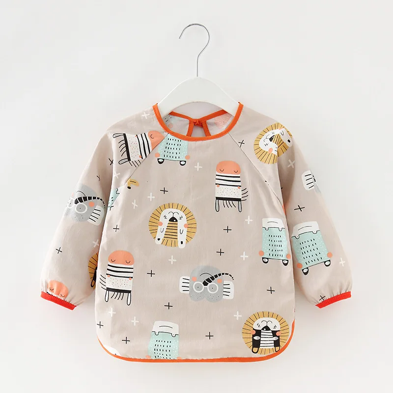 Gray Cartoon Long Sleeve Baby Bibs Cotton Waterproof Reversible Bandana Bibs Children Eating Drawing Apron Baby Feeding Burp Cloth - Color: Gray