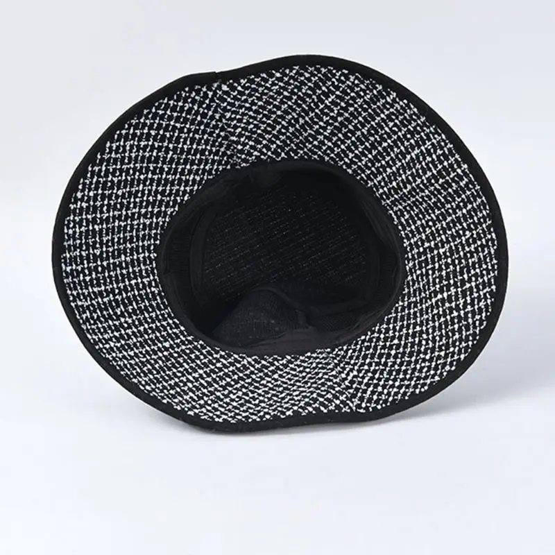 Womens Winter Weave Knit Bucket Hat Black White Plaid Wide Brim Fisherman Cap A69C