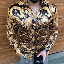 Chemises de luxe imprimées dorées pour hommes, chemisiers à manches longues, Style britannique, décontracté, Slim Fit Tops, nouvelle marque de mode, 2021