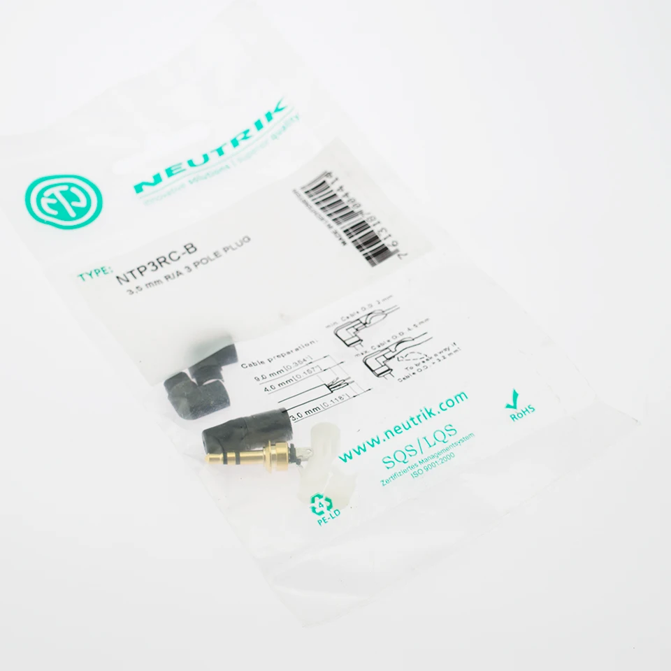 ▲ 오리지널 Neutrik NTP3RC-B HIFI 3.5mm 스테레오 플러그 직각형 금도금 접점 블랙 쉘 전문 오디오 케이블 DIY용
