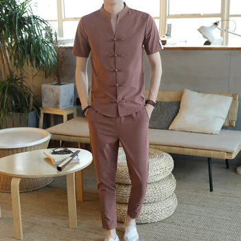 

Chinese style short-sleeved men's T-shirt summer 2020 new suit cotton and linen Zhongshan suit V-neck Tang suit two-piece men