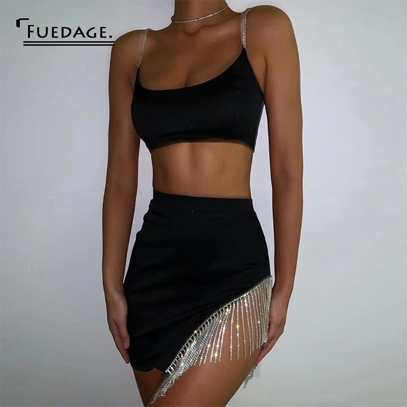 IDTP855-Black Fuedage сексуальный комплект из двух предметов, одноцветные осенние белые вечерние Женский комплект 2 шт. с кисточками, на тонких бретелях, с высоким разрезом, Женский комплект из двух предметов - Цвет: IDTP855-Black
