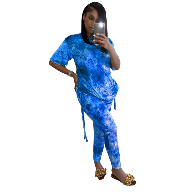 

Womens Fashion Casual Gold Velvet Tie Dye Drawstring Pleated Pant Two Piece Set