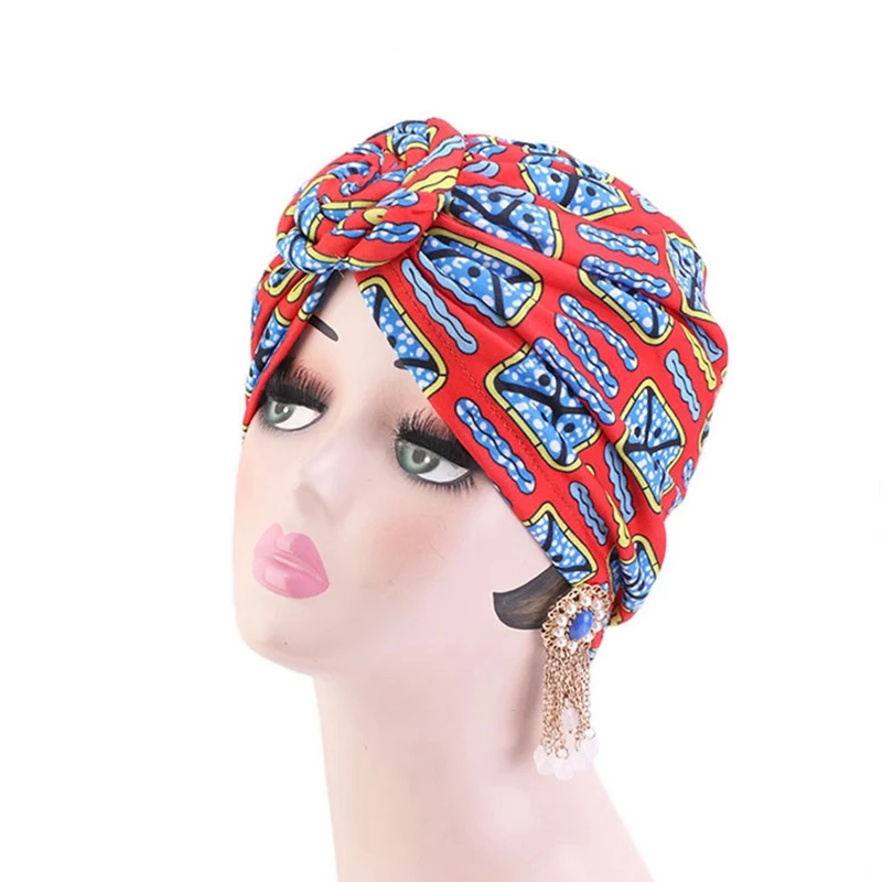 Ethnic Knotted Turban Hat Stretch Chemo Cap Muslim Women Bandana Headwrap