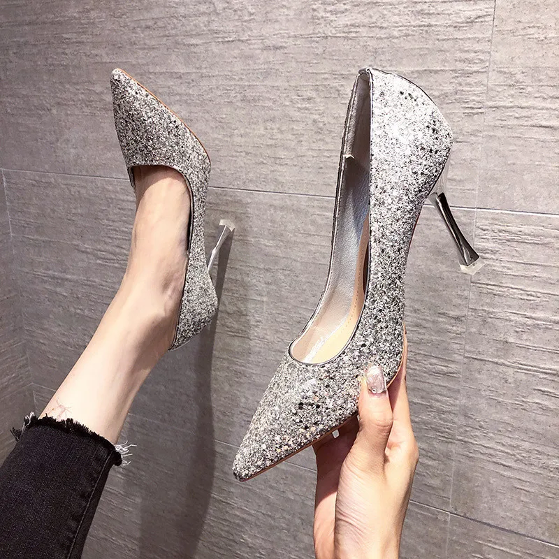 

Wedding Shoes Women 2020 Bling Shallow Heels Elegant Fashion Point Toe High Heel Shoes Ladies