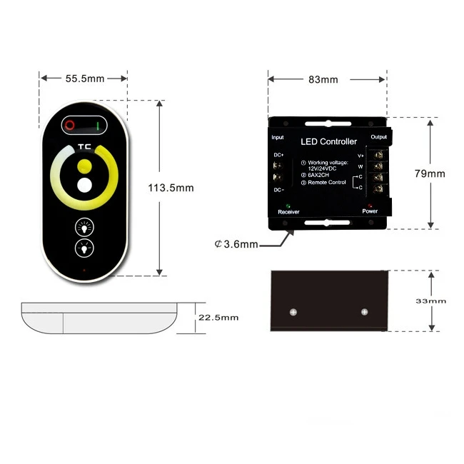 DC12-24V 6A 2CH LED RF Touch Dimmer Remote Controller for Single Color Strip Light
