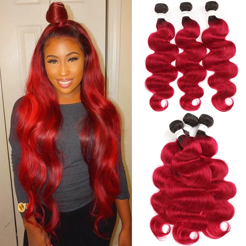 Human-Hair-Bundle Hair-Extension Body-Wave Ombre Brazilian Remy 1b-99j/burgundy Red Can-Buy