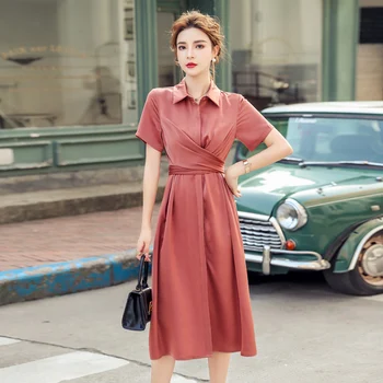 

Elegant Woman Formal Office Dress Vintage Red Short-Sleeve Long Midi Shirt Dress Vestidos Summer 2020