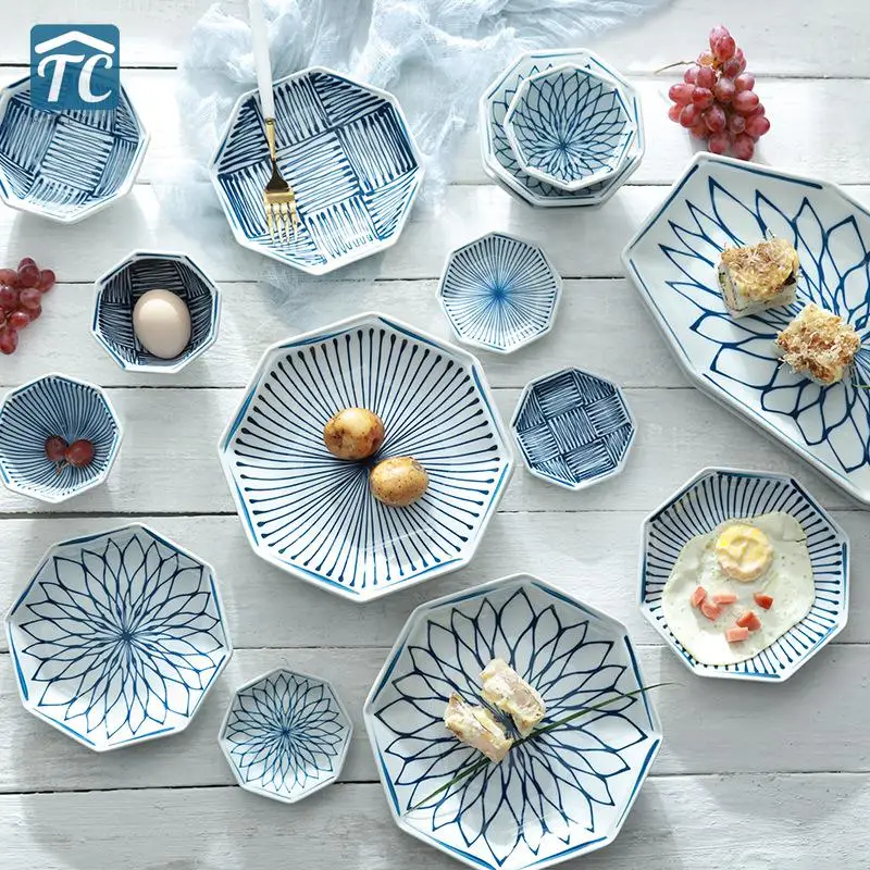 Посуда Керамическая японский стиль и ветер восьмиугольная серия высокая температура глазурь чаша тарелка чашка и блюдце набор