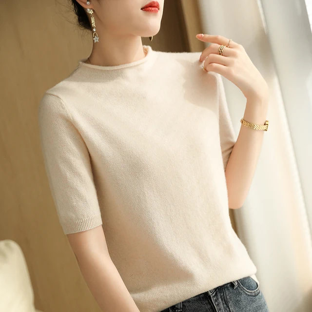 New women's cashmere sweater short sleeve Pullover short sleeve summer wool T-shirt short sleeve Beige