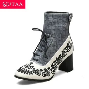 

QUTAA 2020 Mixed Color PU Leather Zipper Fashion Ankle Boots Round Toe Square High Heel Lace Up Winter Women Shoes Size 34-43