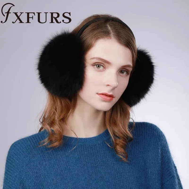 black FXFURS новые модные милые объемные наушники из лисьего меха теплые меховые наушники из натурального меха с кожаной полкой для женщин защита для ушей зима - Цвет: black
