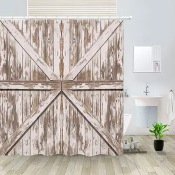 

Rustic Barn Door Shower Curtain, Vintage Wooden Painted Plank Village Barn Door Retro Farmhouse Decor Western Country Theme Bath