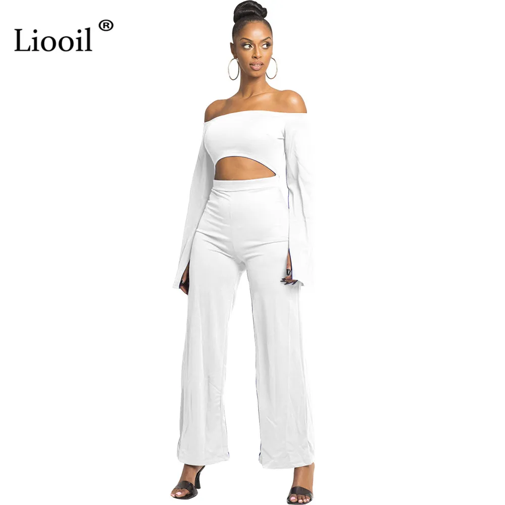 Liooil Off Shoulder Sexy Cut Out Jumpsuits Long Slit Sleeve Back Zipper Party Club Rompers Womens Jumpsuit Black Overalls