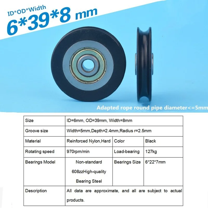 6*39*8mm shift door pulley concave wheel U groove wire rope over line wheel rubber wrapped plastic nylon bearing roller fixed pulley moving door window slide wheel