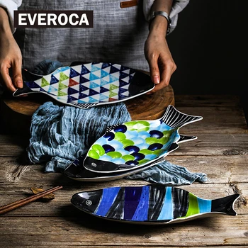 

Ceramic Tableware Creative Retro Hand-painted Underglaze Fish Dish Main Course Dim Sum Sushi Long Dish Kitchen Supplies
