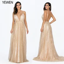 Сексуальные вечерние платья с глубоким v-образным вырезом, с открытой спиной, расшитые блестками, Тюлевое длинное платье для выпускного вечера, золотые вечерние платья на тонких бретельках
