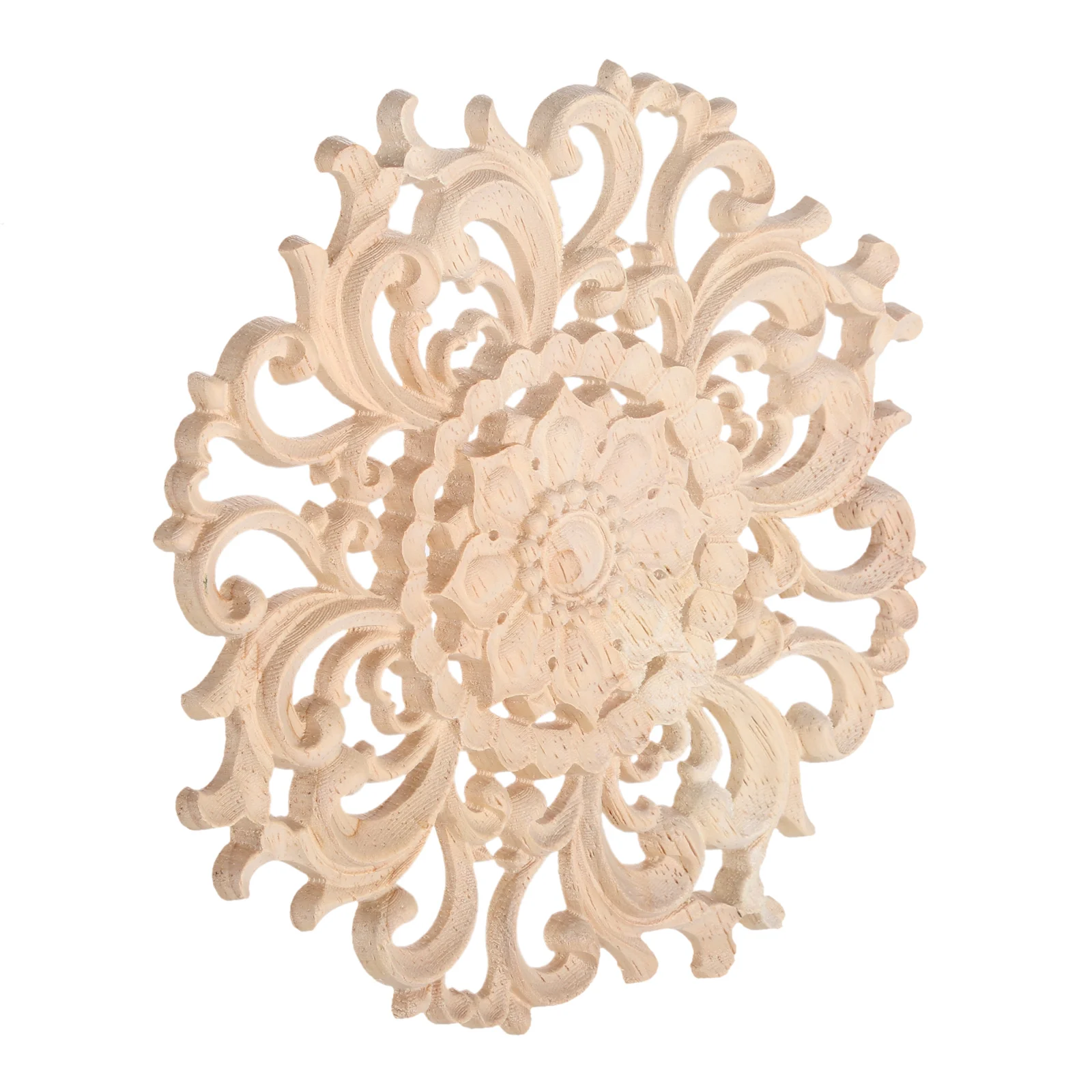 1pc Round Flower Wood Carving Decal Unpainted Disc Onlay Decor Door Furniture Symmetrical Court European Style 10cm 3D Disc self adhesive handles