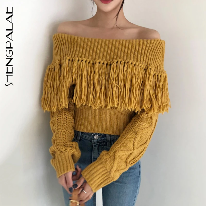 

SHENGPALAE 2019 Autumn Winter Sexy Strapless Tassels Design Pullovers Long Sleeve Korean Fashion Knitting Women Sweater FT513