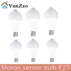 Ampoule LED à capteur de mouvement PIR, 6 pièces, 9W 12W15W, E27, lampe intelligente à capteur de mouvement, pour éclairage de maison, porche, cour et Garage 