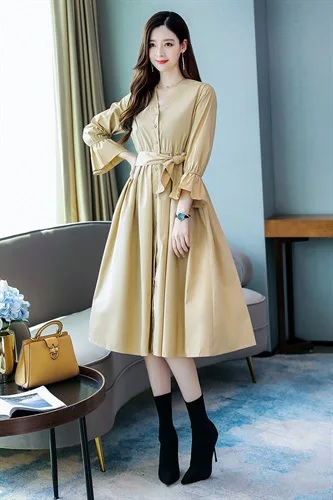 

Trench Coat Women's Autumn Mid-length 2019 New Style Korean-style Waist Hugging Slimming Single Breasted Ninth Sleeve Middle Lon