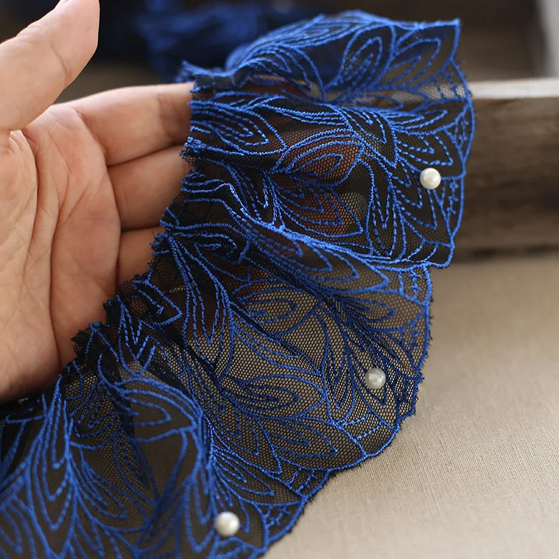 

1M Embroidery Beaded Lace Fabric Guipure 8cm Ribbon Sewing Trim Crafts Royal Blue Lace Fabric For Wedding Dresses Clothes RG28