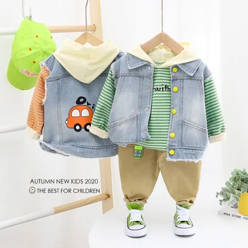 

HYLKIDHUOSE 2020 Autumn Baby Boys Clothing Sets Denim Vest Hooded Stripe T Shirt Pants 3 Piece Infant Newborn Kids Clothes