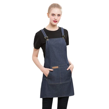

Denim Cross Back Chef Bib Apron with Pockets for Men and Women Sleeveless Aprons-Blue Stripe